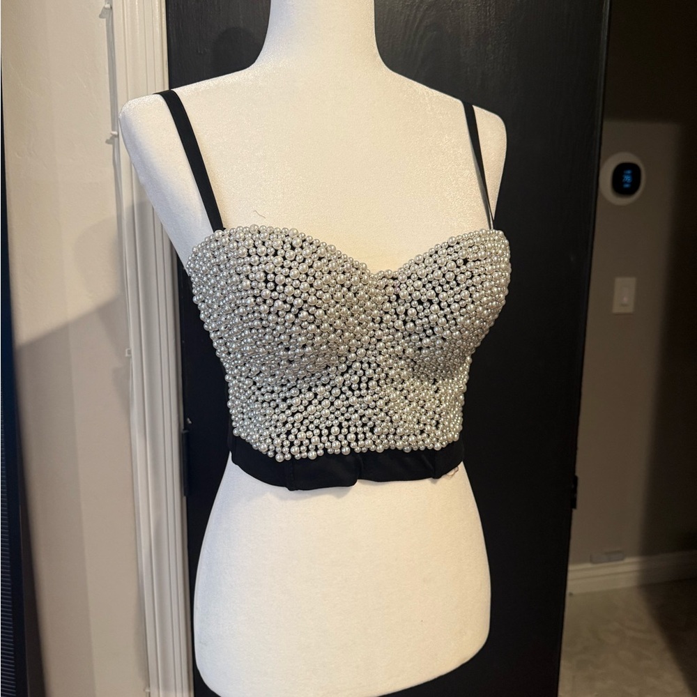 Pearl-Embellished Black Bustier Top